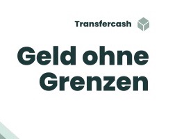 Minimalistyczna grafika z napisem 'Geld ohne Grenzen' (Pieniądze bez granic) i logo Transfercash w prawym górnym rogu na białym tle.
