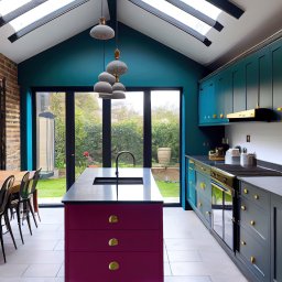 Dario Building Trade Company - Nowoczesna kuchnia z wyspą w kolorze fuksji, turkusowymi szafkami i dużym oknem z widokiem na ogród, ceglana ściana z boku.