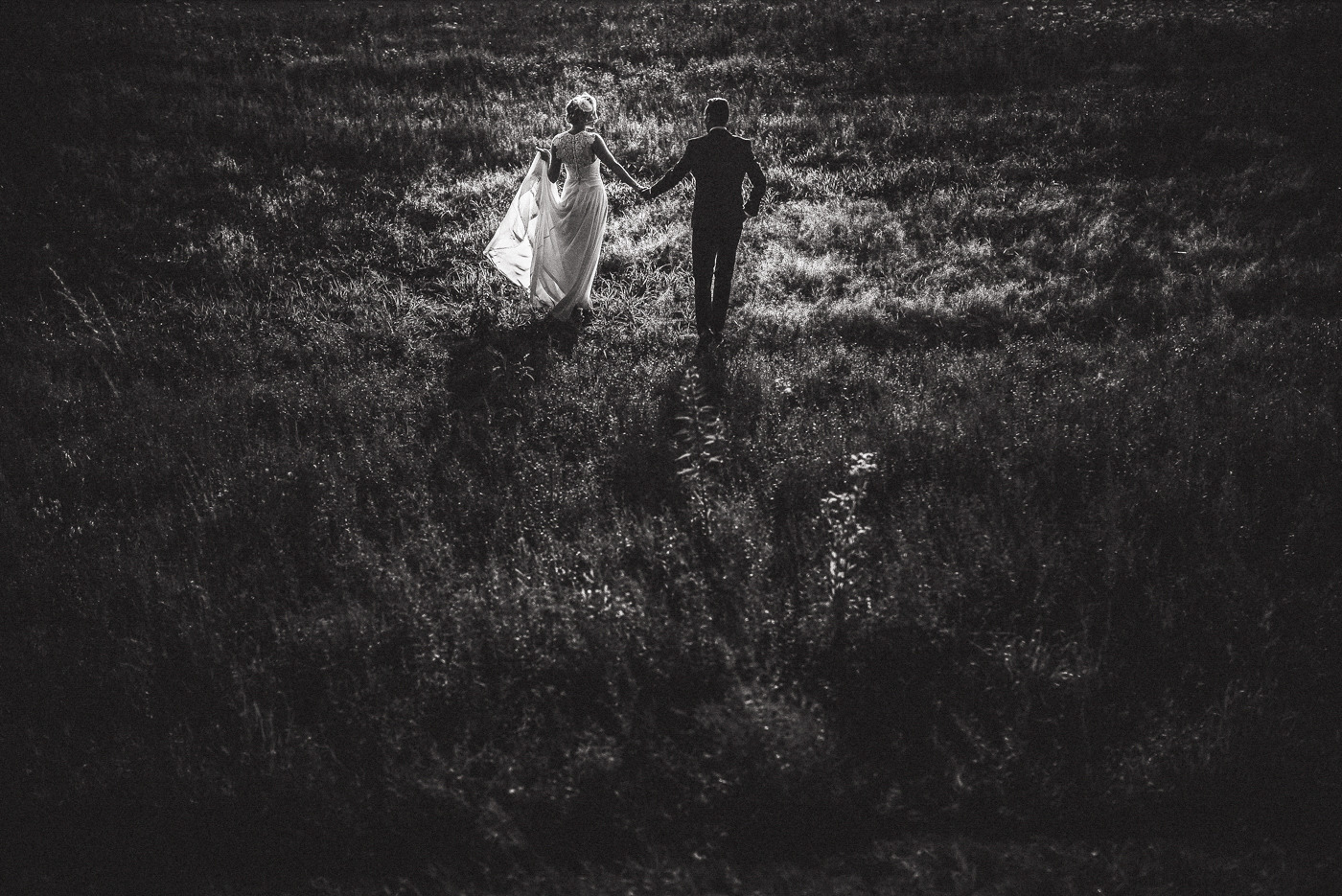 Czarno-białe zdjęcie pary młodej idącej przez pole w kontraście światła i cienia, panna młoda w sukni z trenem, pan młody w ciemnym garniturze, oboje trzymają się za ręce, widok z tyłu.