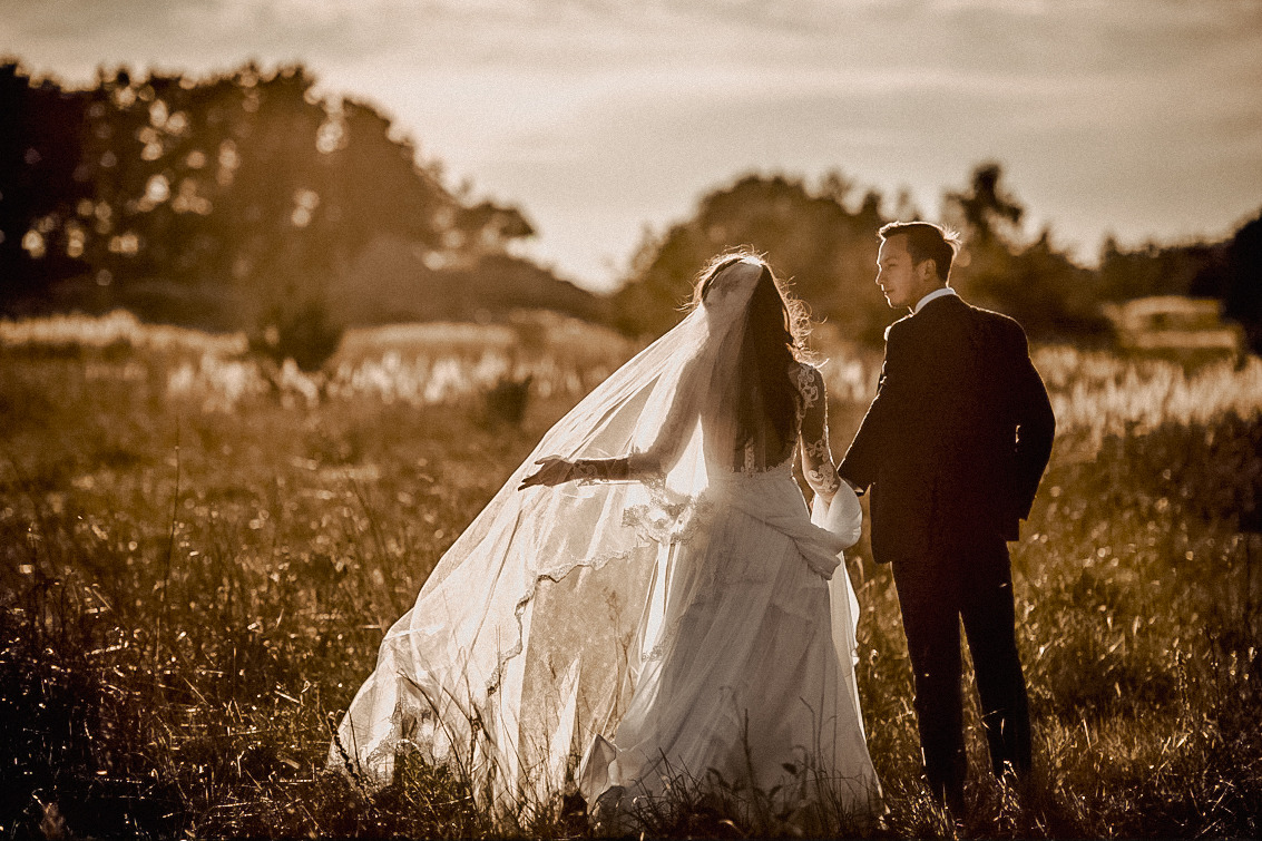 Para młoda, panna młoda w koronkowej sukni z trenem i welonem, pan młody w czarnym garniturze, spacerują po łące w promieniach zachodzącego słońca, stylizacja retro.