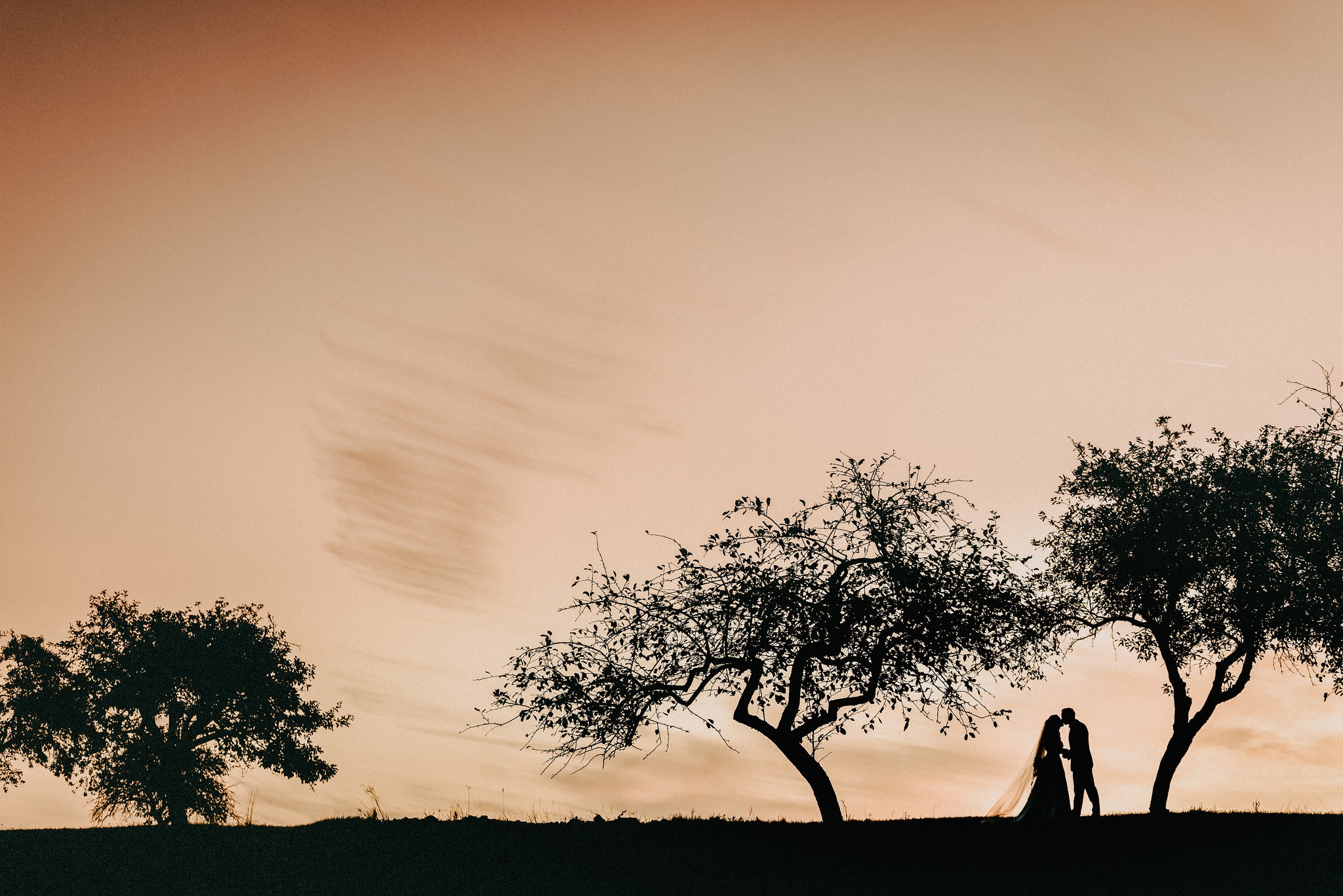 Sylwetka pary młodej na tle zachodzącego słońca i drzew bez liści, tworząca romantyczny krajobraz.