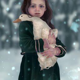 Kamila Sokołowska - Dziecko z gąską. Rysunek graficzny.