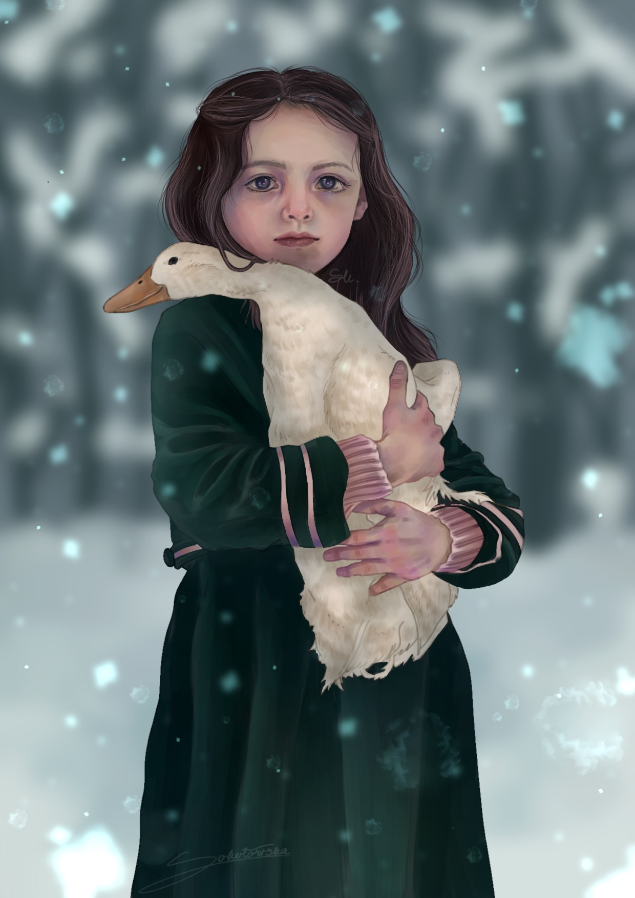 Dziecko z gąską. Rysunek graficzny.