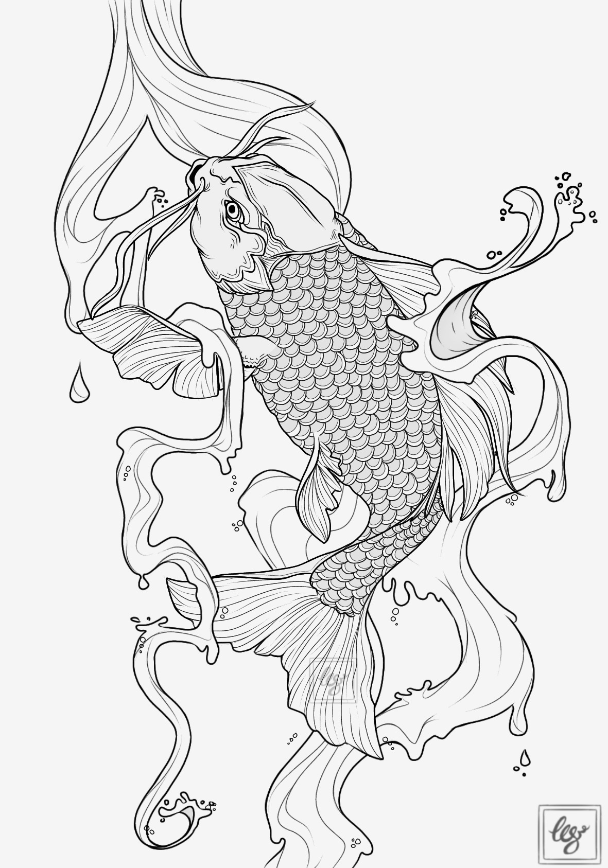 Projekt tatuażu- Ryba koi wśród wody.