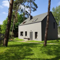 Nowoczesny dom jednorodzinny w kolorze szarości, z ciemną stolarką okienną i grafitowym dachem, otoczony zielonym trawnikiem i drzewami iglastymi w słoneczny dzień.