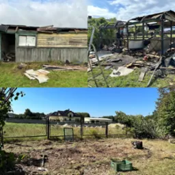 Kompozycja zdjęć przedstawiająca: zniszczony drewniany budynek przed rozbiórką, pozostałości po rozbiórce szklarni z widoczną drabiną i piłą łańcuchową oraz teren po usunięciu konstrukcji...