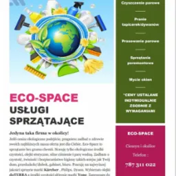 Grafika reklamowa firmy Eco-Space oferującej usługi sprzątające, prezentująca Ziemię otoczoną środkami czystości i narzędziami, z tekstem informującym o ekologicznym podejściu i używaniu sprzętu...
