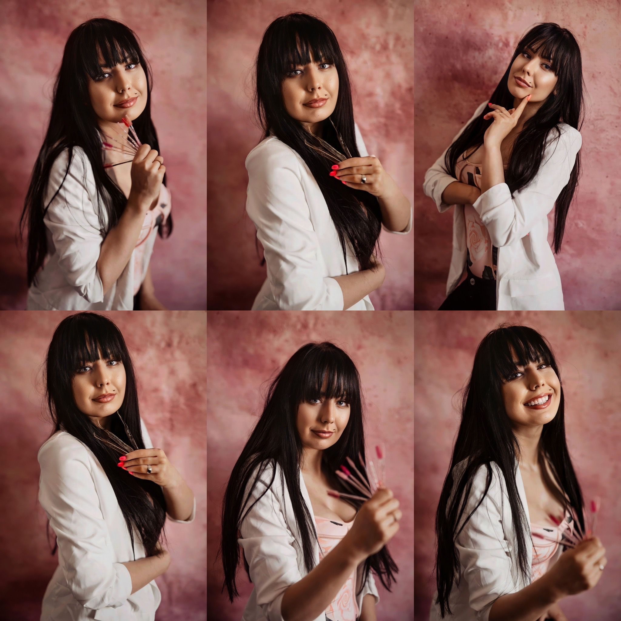 Kolaż portretowy kobiety z długimi czarnymi włosami i grzywką, prezentującej pędzle do makijażu na tle w odcieniach różu, ubrana w białą marynarkę.