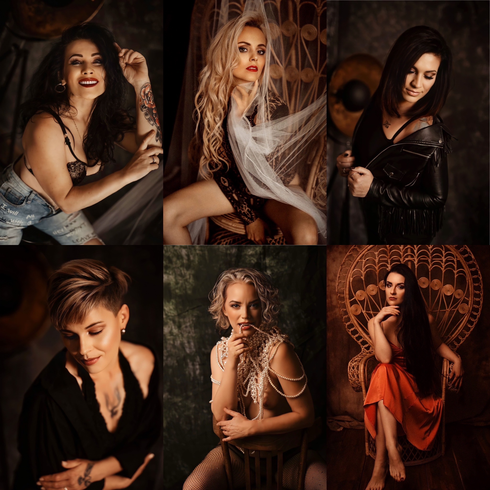 Kompozycja sześciu portretów kobiet w różnych stylizacjach, wykonana przez fotografa z Halberstadt. Widoczne różnorodne ujęcia, od zbliżeń twarzy po portrety w fotelach rattanowych,...