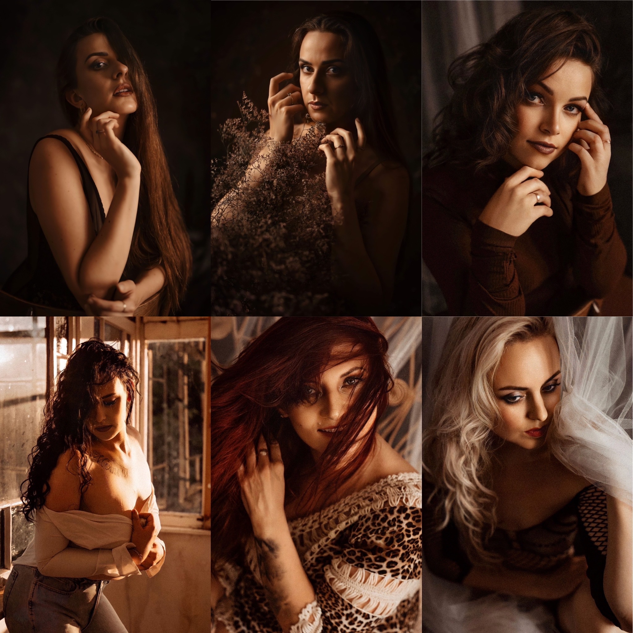 Mozaika sześciu portretów kobiet o różnej karnacji i kolorze włosów, pozujących w różnym oświetleniu i stylizacjach, od eleganckich sukienek po swobodne stylizacje z jeansami, każda z nich...