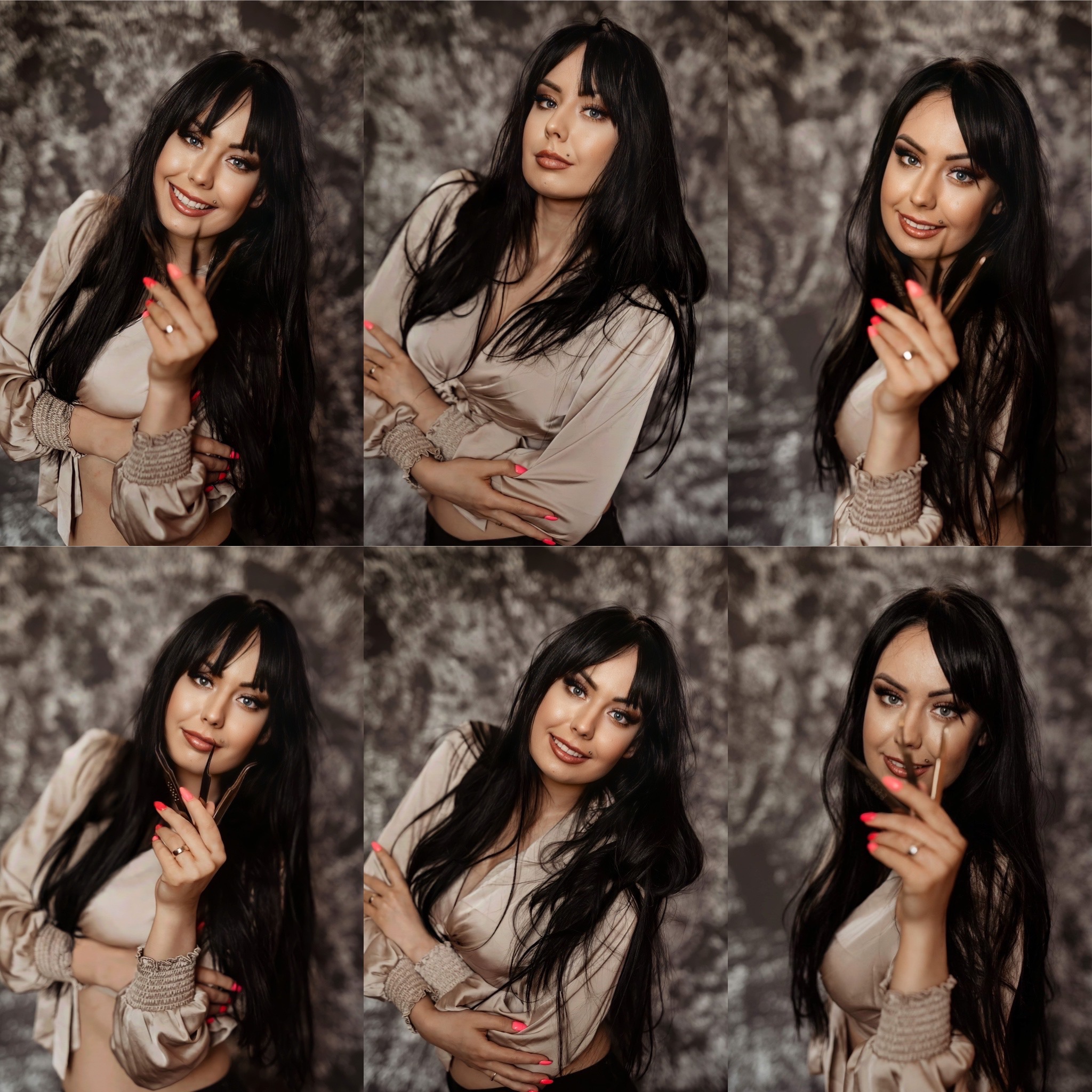 Kolaż sześciu portretów kobiety z długimi, czarnymi włosami i w satynowej bluzce na tle abstrakcyjnego, szarego tła. Na niektórych ujęciach trzyma w dłoniach pęsety do rzęs.