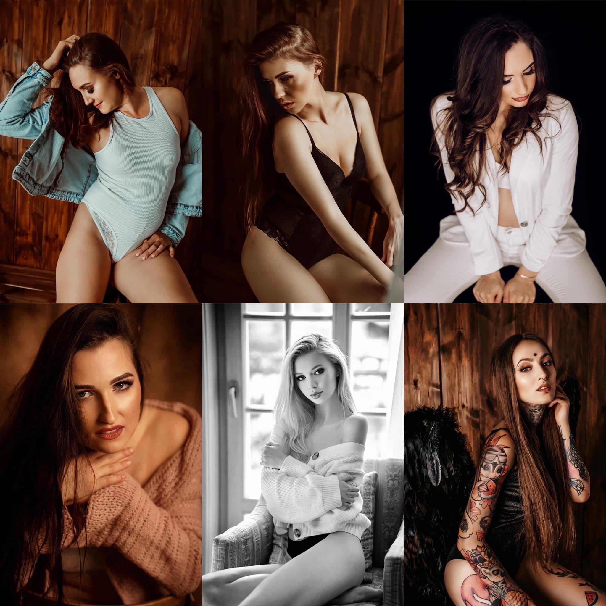 Kolaż sześciu portretów kobiet w różnej stylistyce i ubraniach, od casualowej kurtki jeansowej po eleganckie garnitury i koronkową bieliznę, na zróżnicowanych tłach, w tym drewnianych ścianach...