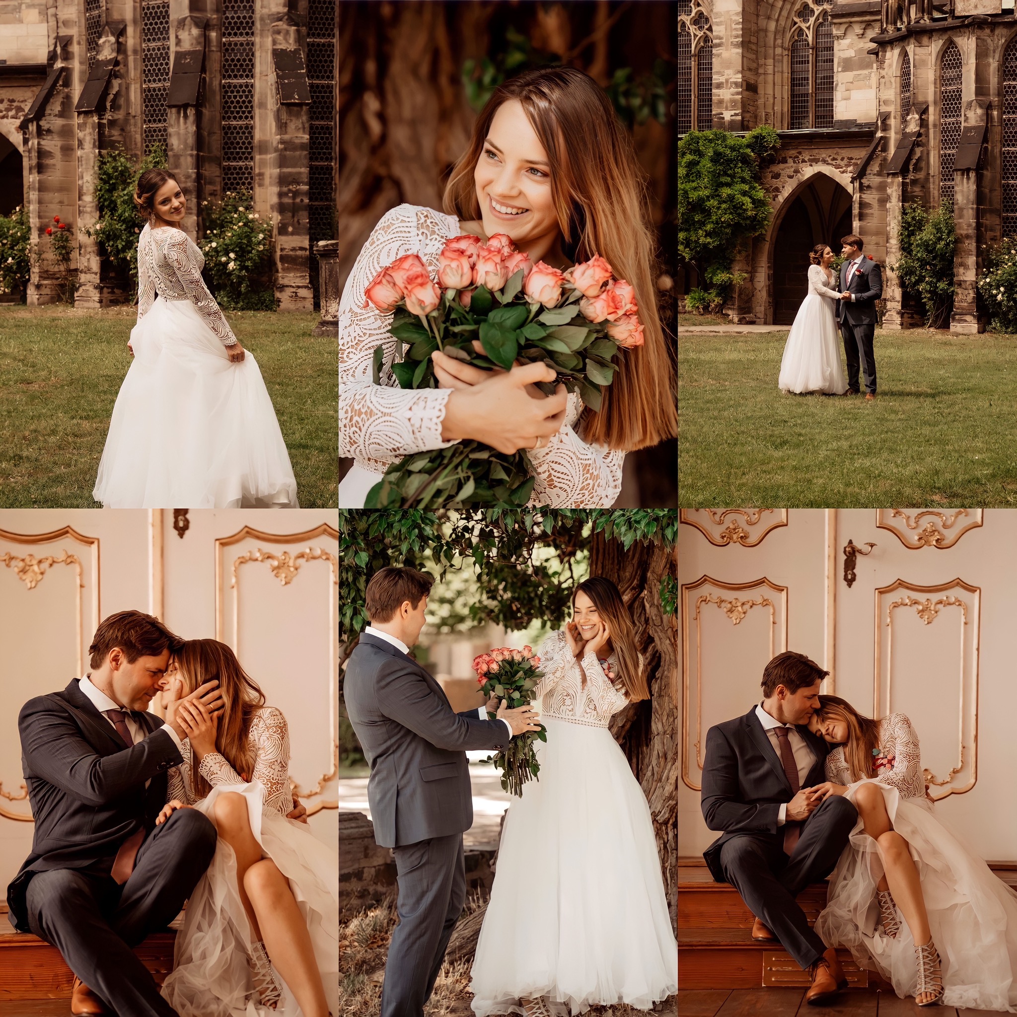 Kolaż zdjęć przedstawiający parę w strojach ślubnych: panna młoda w koronkowej sukni trzyma bukiet róż, para pozuje na tle gotyckiego kościoła i w eleganckim wnętrzu.