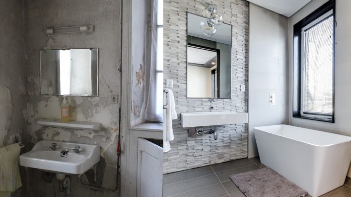 Porównanie łazienki przed i po remoncie: od zniszczonej umywalki z odpadającą farbą do nowoczesnej przestrzeni z wanną, lustrem i płytkami.