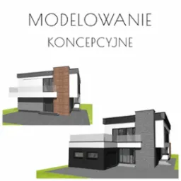 Wizualizacja 3D nowoczesnego domu jednorodzinnego z elementami drewna i kamienia na elewacji, prezentująca koncepcję architektoniczną z dwóch różnych perspektyw.