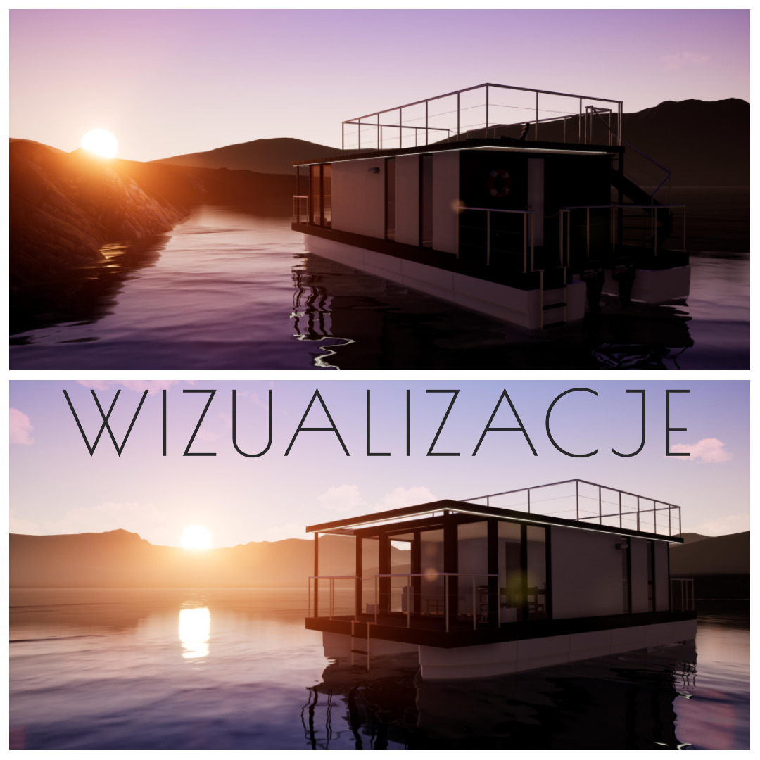 Wizualizacja pływającego domu z tarasem na dachu, zacumowanego na spokojnym jeziorze o zachodzie słońca, z górami w tle.