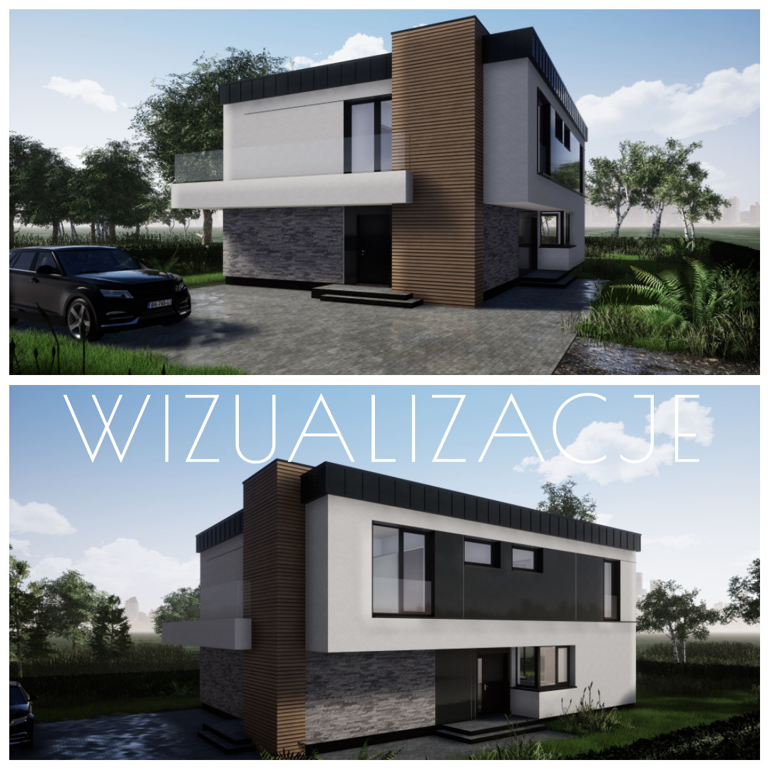 Wizualizacja nowoczesnego domu jednorodzinnego z elementami drewna i kamienia w Zielonce, z czarnym samochodem zaparkowanym na podjeździe.