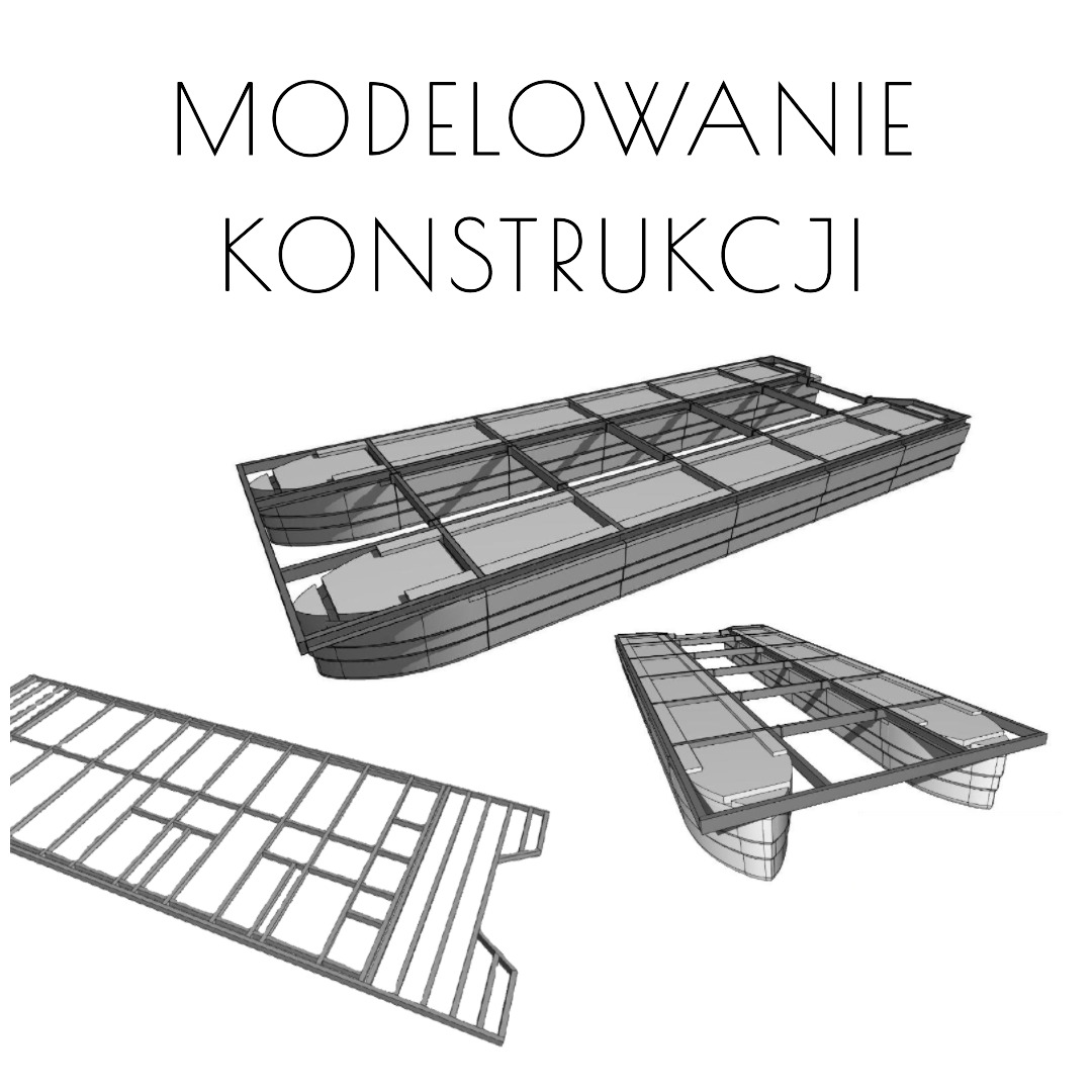 Model 3D konstrukcji pływającej, widok z góry i z boku, szkieletowa budowa z opisem 'Modelowanie Konstrukcji' u góry.