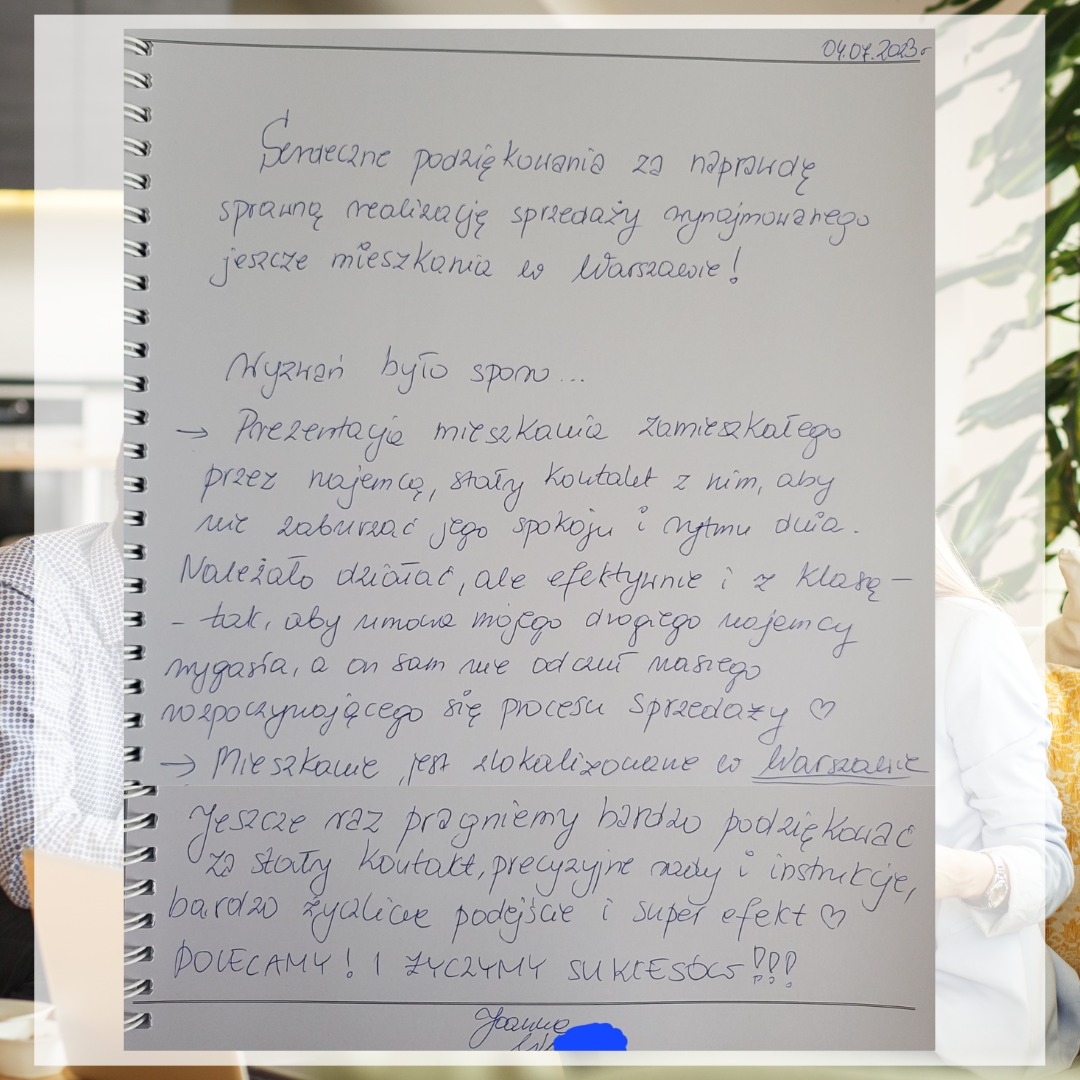 Ręcznie napisane podziękowanie na kartce w notesie za sprawną realizację sprzedaży wynajmowanego mieszkania w Warszawie, z uwzględnieniem komfortu najemcy i profesjonalnego podejścia.