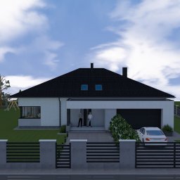 Pracownia Projektowa 4 Kąty - Wizualizacja domu jednorodzinnego z garażem, czarna dachówka, biała elewacja, dwie osoby stojące przed wejściem, samochody na podjeździe, brama wjazdowa, ogrodzenie panelowe.