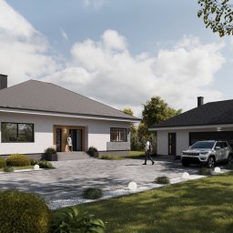 Pracownia Projektowa 4 Kąty - Wizualizacja projektu domu jednorodzinnego z garażem, z brukowanym podjazdem, oświetleniem zewnętrznym i elementami zieleni.