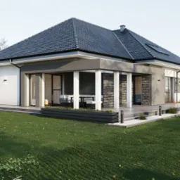 Wizualizacja nowoczesnego domu jednorodzinnego z tarasem, widoczny ogród z leżakami i wypoczywającymi osobami, w tle las i samochód.