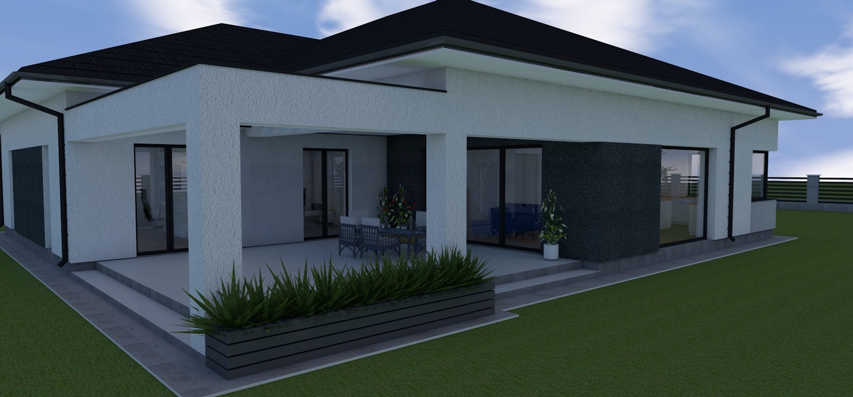 Wizualizacja 3D nowoczesnego domu jednorodzinnego z tarasem, ciemną dachówką i donicą z zielenią na pierwszym planie. Widoczny fragment ogrodu i ogrodzenia.