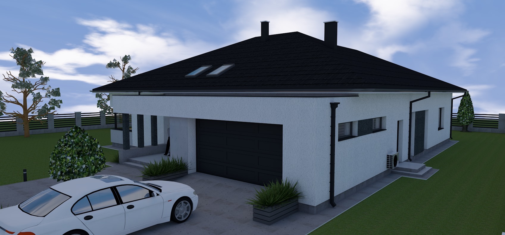 Wizualizacja parterowego domu jednorodzinnego z garażem, czarnym dachem i białymi ścianami, z samochodem na podjeździe i zadbanym ogrodem.