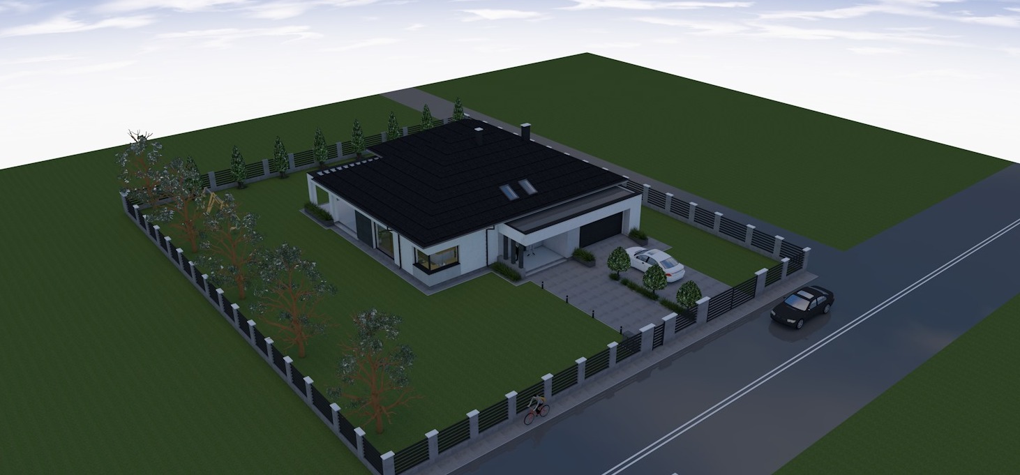 Wizualizacja 3D nowoczesnego parterowego domu z czarnym dachem, ogrodzeniem panelowym i dwoma samochodami na podjeździe, widok z lotu ptaka.