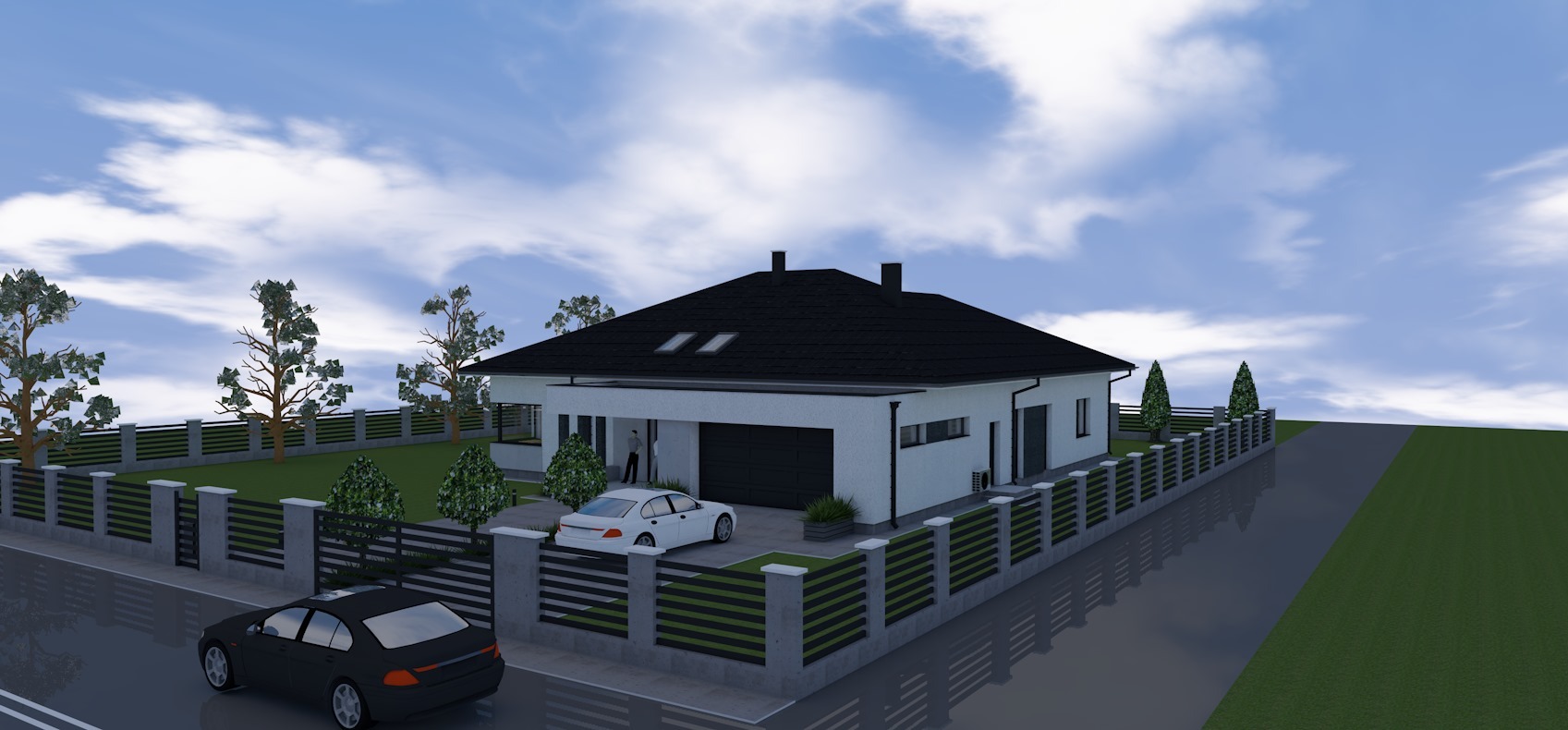 Wizualizacja 3D nowoczesnego domu jednorodzinnego z czarnym dachem, białymi ścianami i garażem, otoczonego ogrodzeniem i zielenią, z dwoma samochodami na podjeździe.