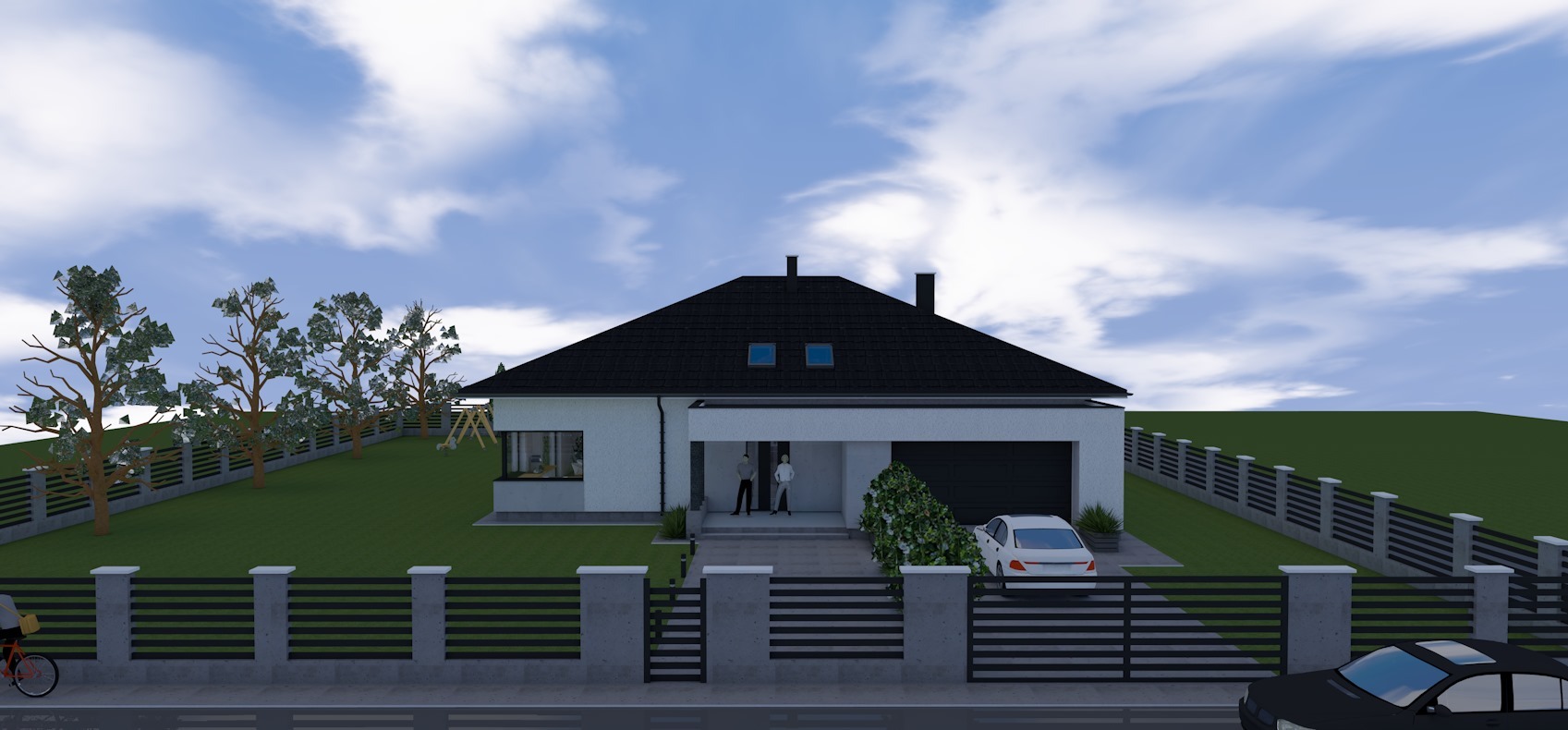 Wizualizacja domu jednorodzinnego z garażem, czarna dachówka, biała elewacja, dwie osoby stojące przed wejściem, samochody na podjeździe, brama wjazdowa, ogrodzenie panelowe.