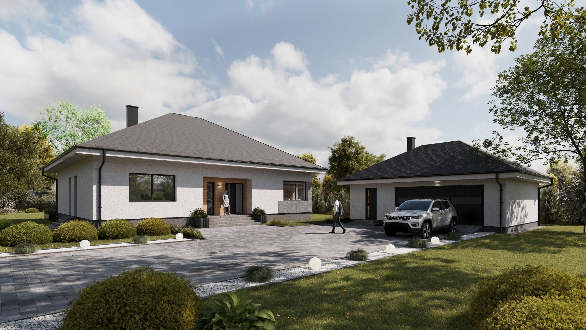 Wizualizacja projektu domu jednorodzinnego z garażem, z brukowanym podjazdem, oświetleniem zewnętrznym i elementami zieleni.