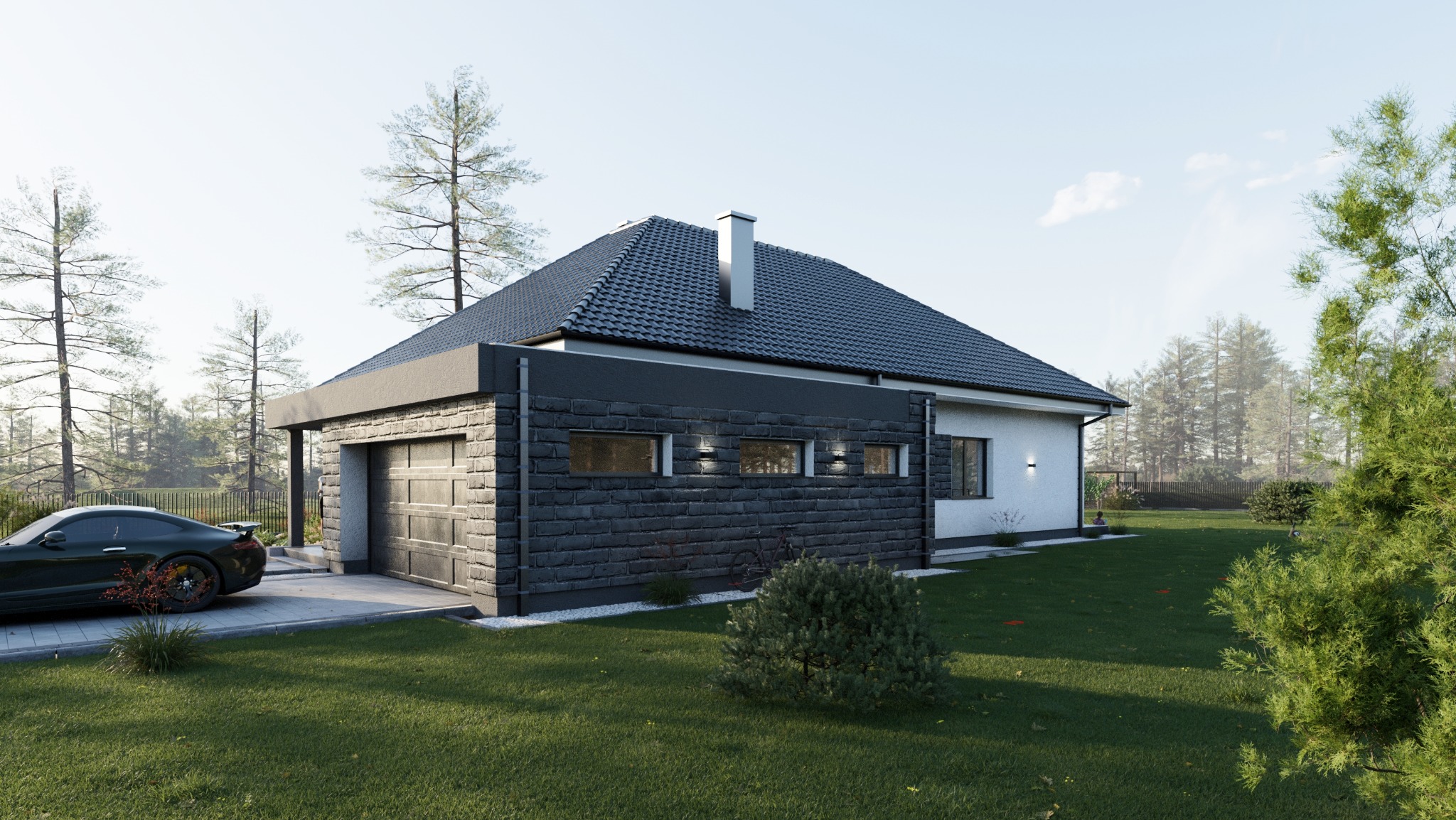 Wizualizacja domu jednorodzinnego z garażem, elewacja z ciemnej cegły, dachówka w kolorze grafitowym, sportowy samochód zaparkowany przed garażem, zadbany trawnik.