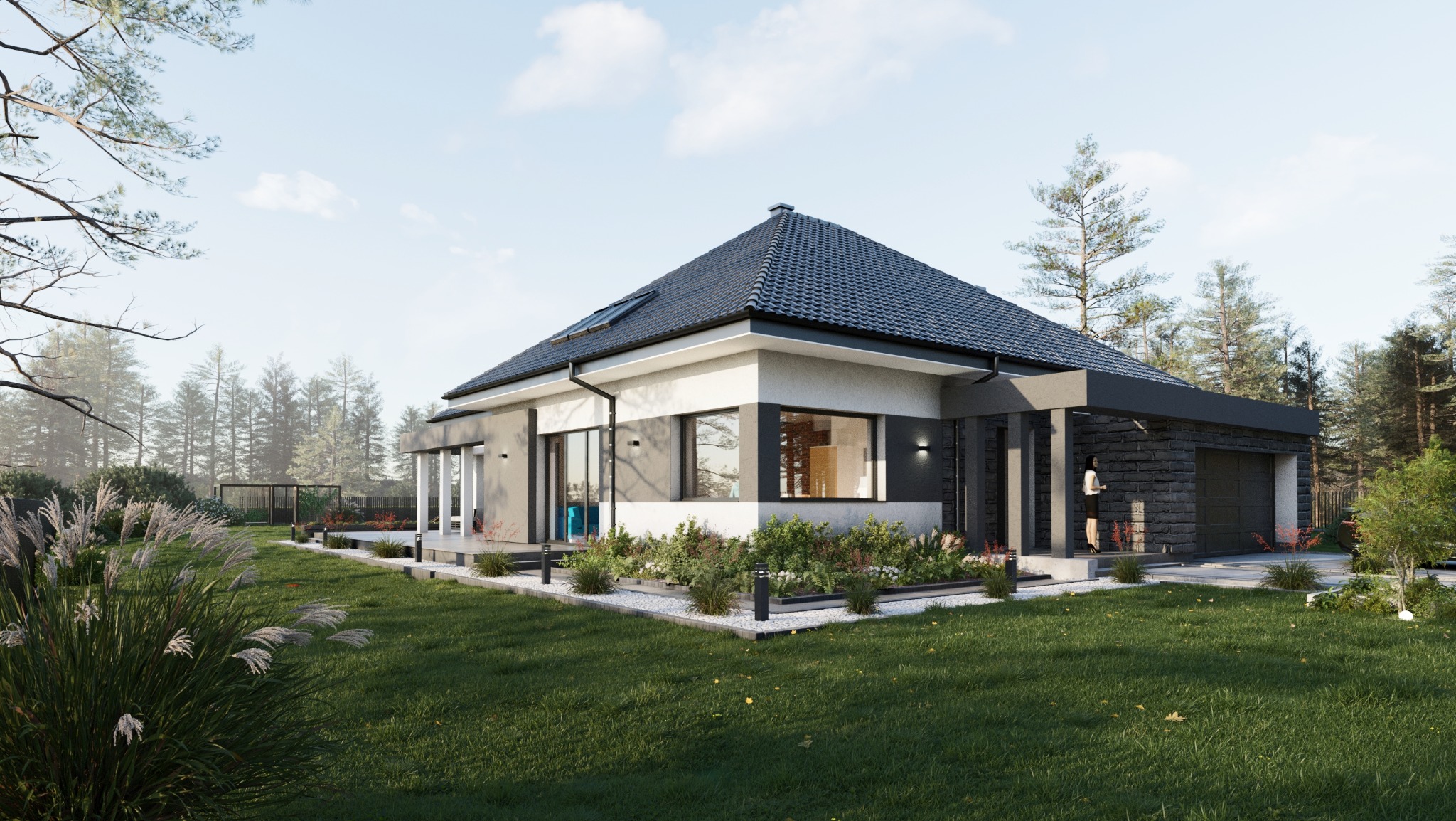 Wizualizacja nowoczesnego parterowego domu z ciemną dachówką, wykończonego w odcieniach szarości i bieli, z garażem z cegły, otoczonego trawnikiem i ozdobnymi rabatami kwiatowymi, z widoczną...