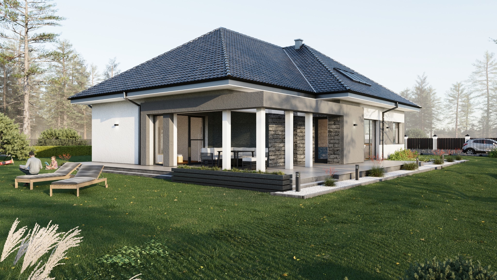 Wizualizacja nowoczesnego domu jednorodzinnego z tarasem, widoczny ogród z leżakami i wypoczywającymi osobami, w tle las i samochód.