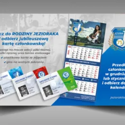 Grafika reklamowa klubu sportowego Jeziorak Iława, prezentująca jubileuszowe karty członkowskie na tle kalendarza z wizerunkiem zawodniczki i logo klubu.