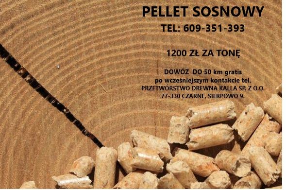 Reklama pelletu sosnowego na tle przekroju pnia drzewa, z informacją o cenie, numerze telefonu i darmowym dowozie do 50 km.