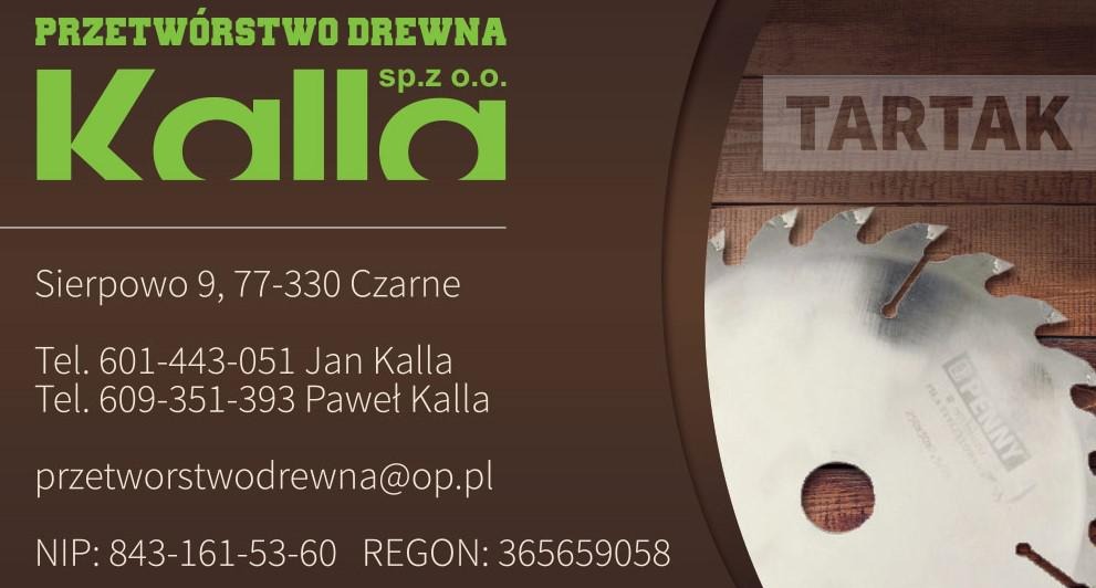 Wizytówka firmy Przetwórstwo Drewna Kalla z Sierpowa, zawierająca logo, adres, numery telefonów, adres e-mail oraz NIP i REGON, na tle piły tarczowej i drewnianej powierzchni z napisem TARTAK