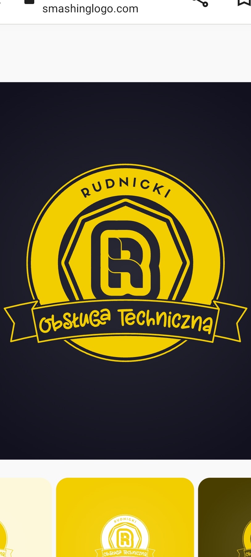 Żółte logo firmy Rudnicki Obsługa Techniczna na ciemnym tle, z literą R wewnątrz ośmiokąta.