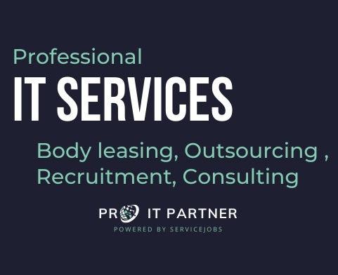 Grafika z tekstem 'Professional IT SERVICES' i listą usług: body leasing, outsourcing, recruitment, consulting, oraz logo firmy PR IT PARTNER.