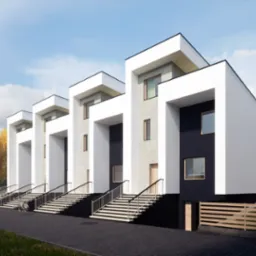 Wizualizacja szeregu nowoczesnych domów jednorodzinnych z białymi ramami i czarnymi elementami elewacji, schodami wejściowymi i rowerem opartym o balustradę pierwszego domu, otoczonych jesienną...