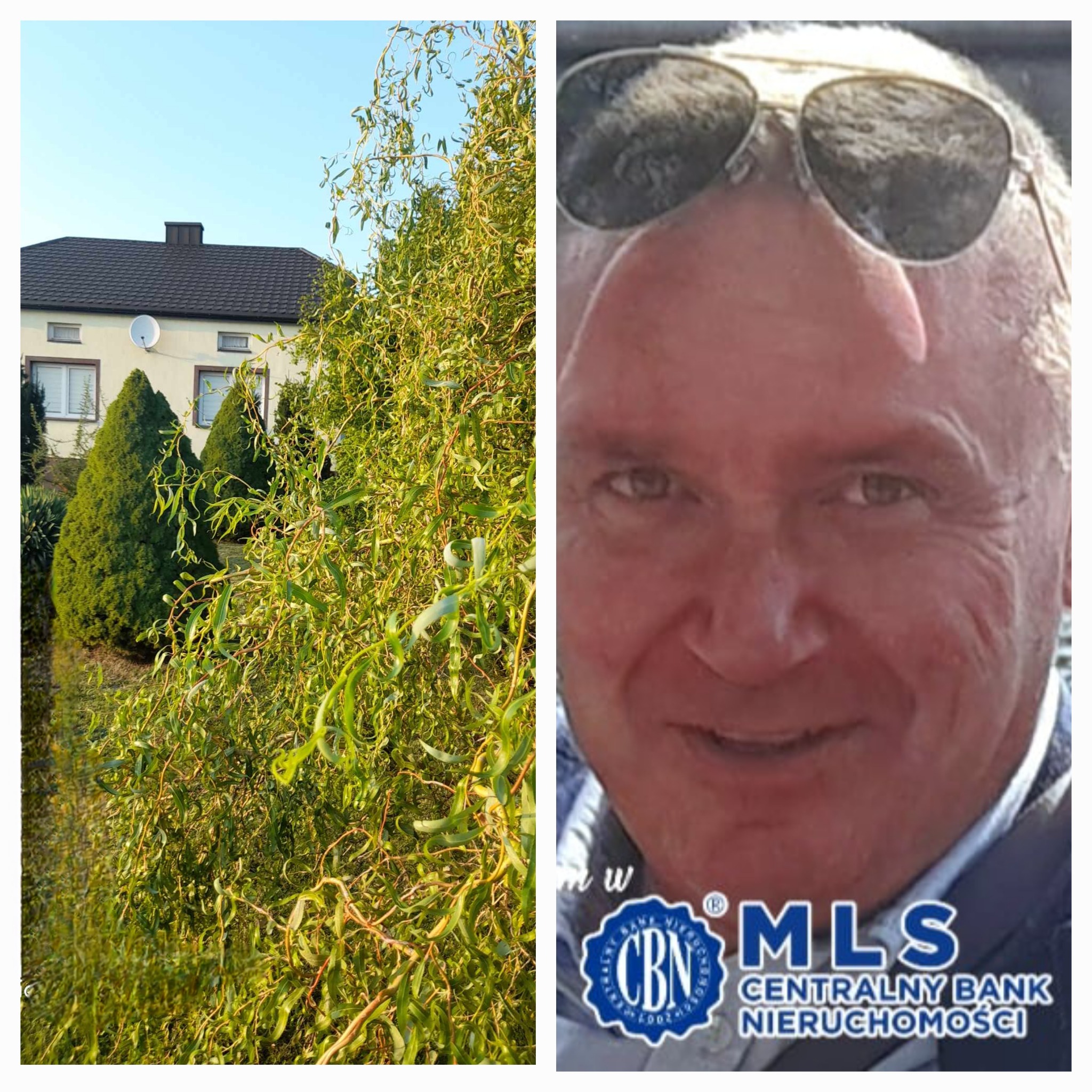 Dwuczęściowe zdjęcie: po lewej dom jednorodzinny z ogrodem widziany przez gałęzie wierzby płaczącej, po prawej portret mężczyzny w okularach przeciwsłonecznych z logo firmy nieruchomościowej.