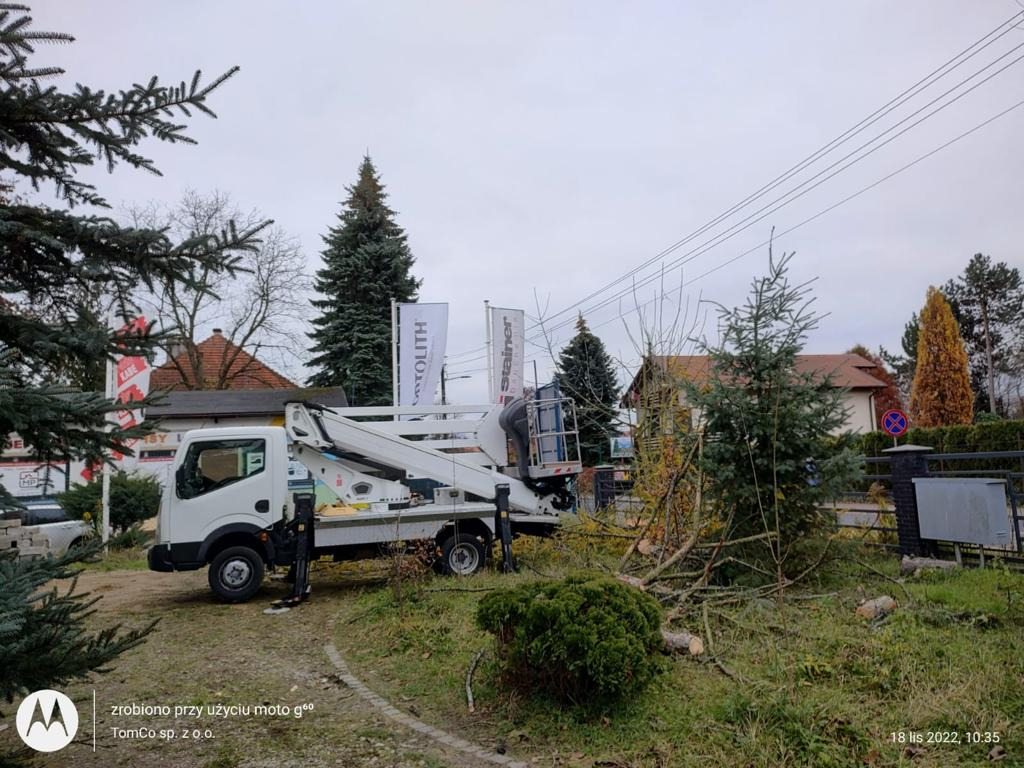 Biały podnośnik koszowy zaparkowany na trawie obok ściętych gałęzi drzew iglastych, widoczne linie energetyczne i budynki w tle.