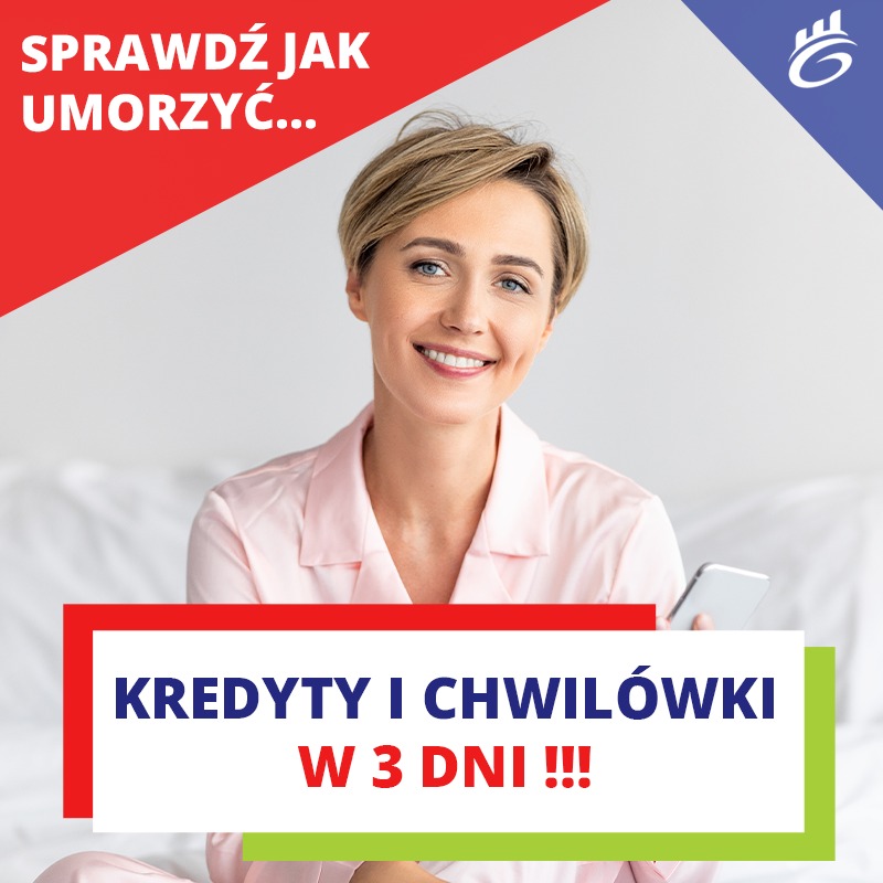 Uśmiechnięta kobieta w różowej piżamie trzymająca smartfon, z tekstem 'Sprawdź jak umorzyć... Kredyty i chwilówki w 3 dni!!!'