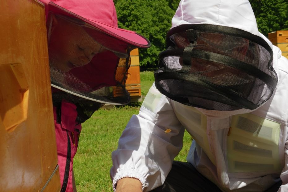 Dwie osoby w strojach pszczelarskich, jedna w różowym kapeluszu z siatką, druga w białym kombinezonie z siatką, obok ula na tle zielonej trawy i drzew.