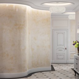 DM REMONT - Elegancki przedpokój z dekoracyjną ścianą w odcieniach beżu, oświetlony listwą LED przy suficie, z kryształowymi żyrandolami i marmurową podłogą w szachownicę.