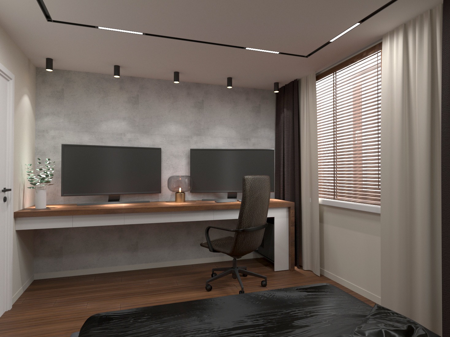 Nowoczesne biuro domowe z dwoma monitorami, minimalistycznym biurkiem z drewnianym blatem i szarą tapetą imitującą beton, oświetlone punktowymi lampami sufitowymi i światłem dziennym z okna...