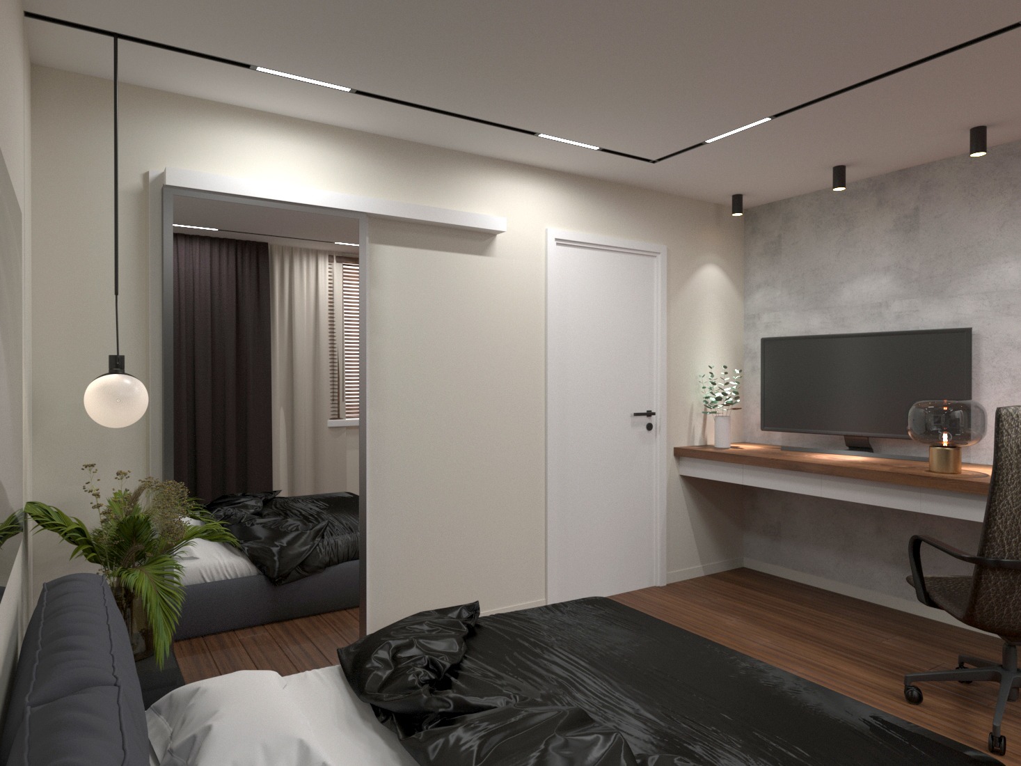 Nowoczesna sypialnia z łóżkiem z czarną pościelą, biurkiem z telewizorem i dekoracjami, oświetleniem sufitowym oraz lustrem w zabudowie.