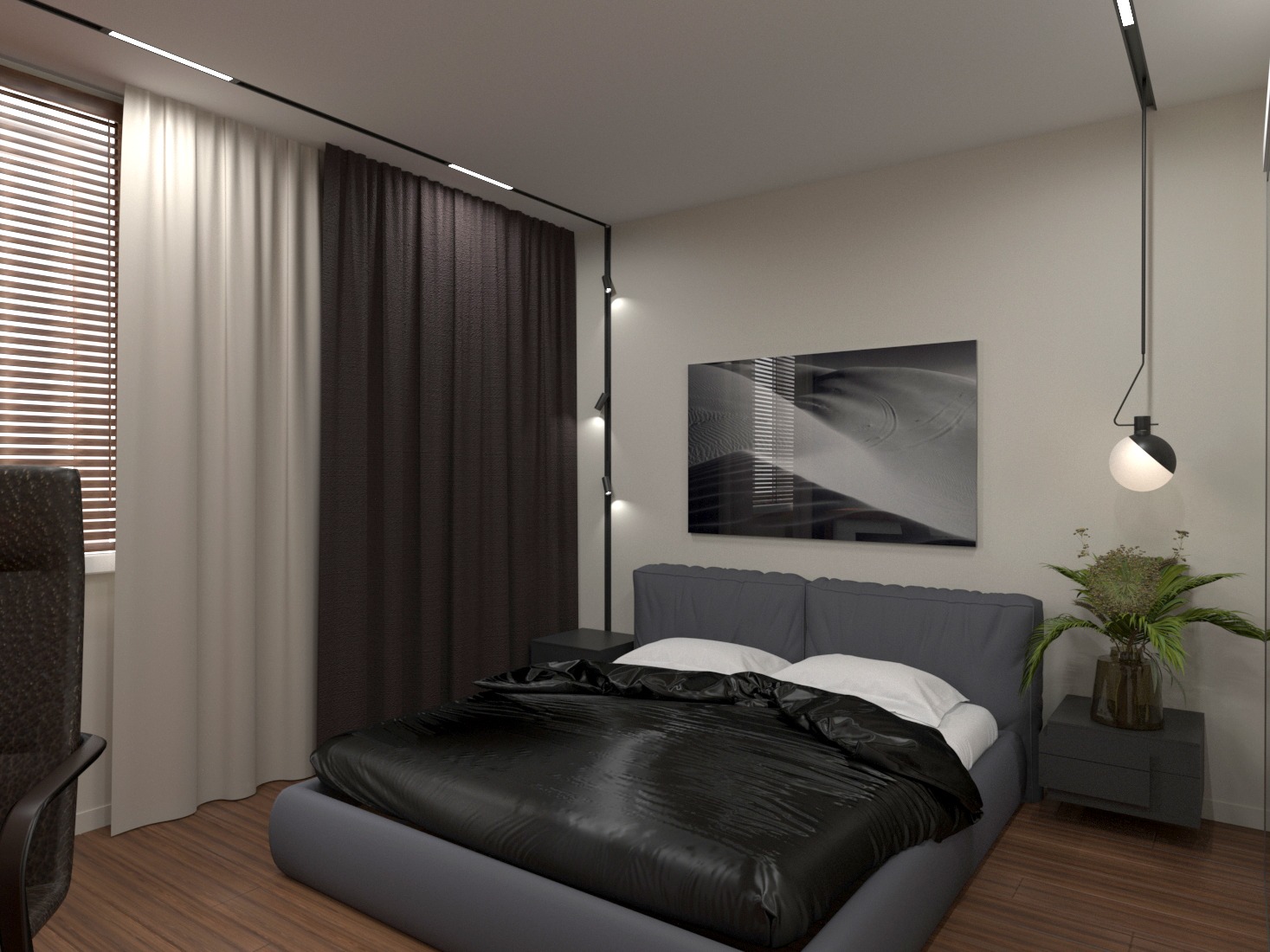 Nowoczesna sypialnia z drewnianą podłogą, szarym łóżkiem z czarną pościelą, zasłonami w odcieniach bieli i brązu oraz czarno-białym obrazem na ścianie, oświetlona listwami LED i wiszącą lampą kulą.