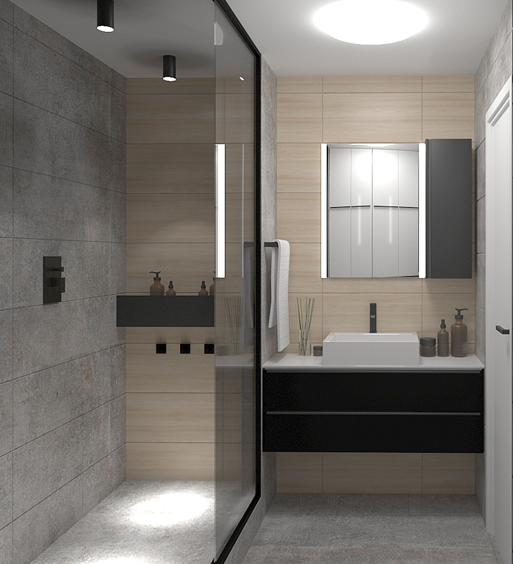 Nowoczesna łazienka z kabiną prysznicową typu walk-in, szarą ścianą z deszczownicą, beżowymi płytkami, umywalką nablatową z czarną szafką, lustrem z podświetleniem LED i okrągłym oświetleniem...